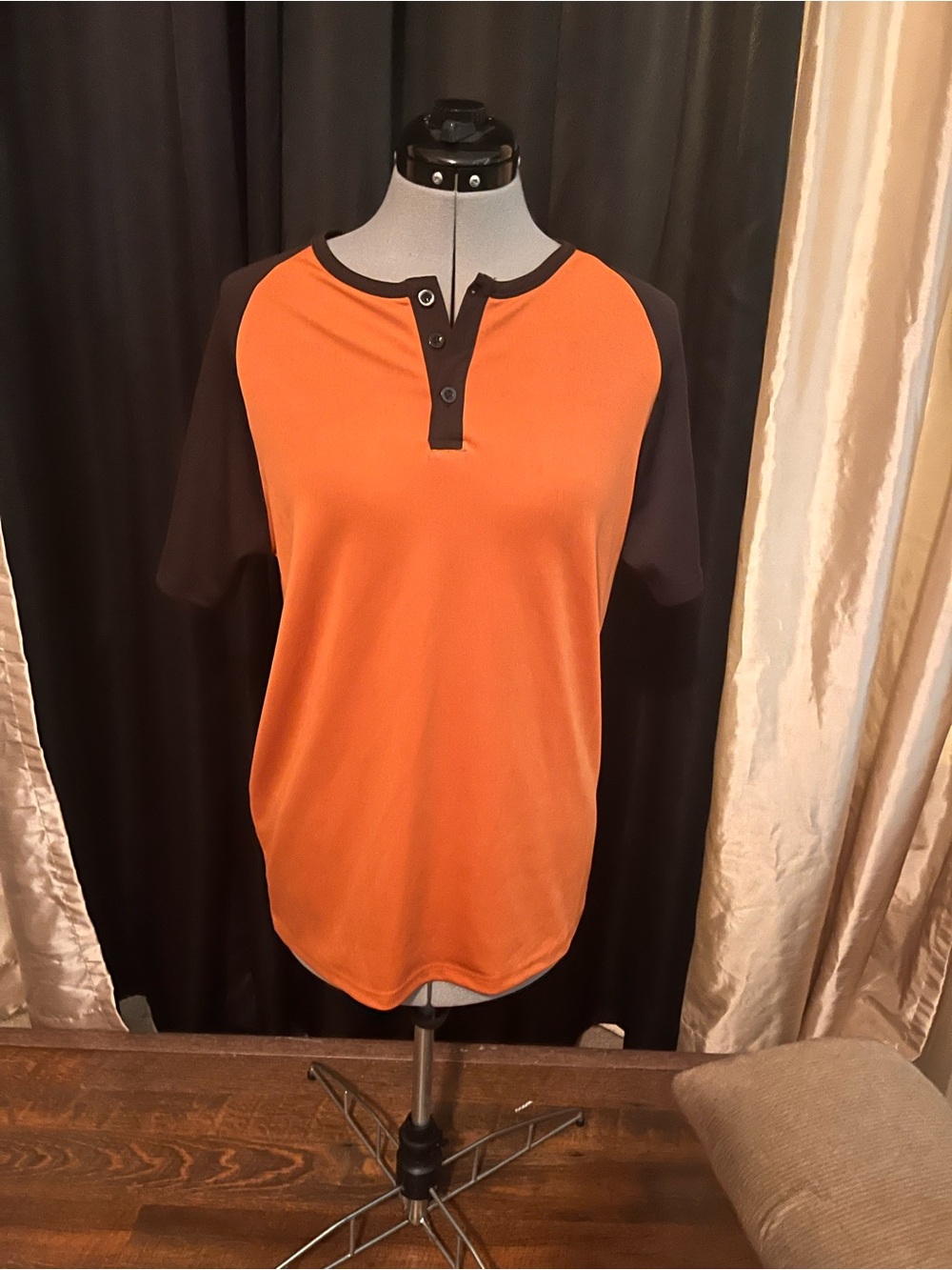 Orange Henley Baseball Tee with Black Trim - Size S